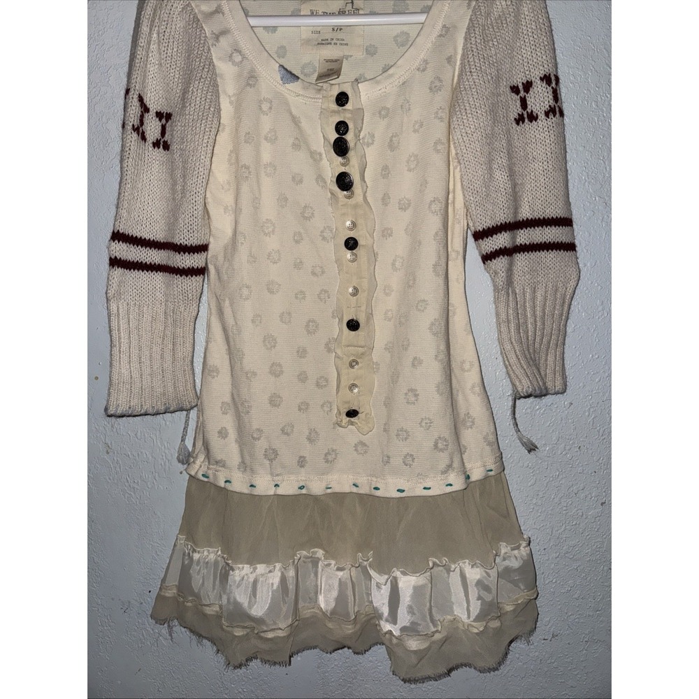 FREE PEOPLE size S Knit Sleeve Thermal Peplum Tunic Ruffle Trim Top Mini Dress - Picture 2 of 10